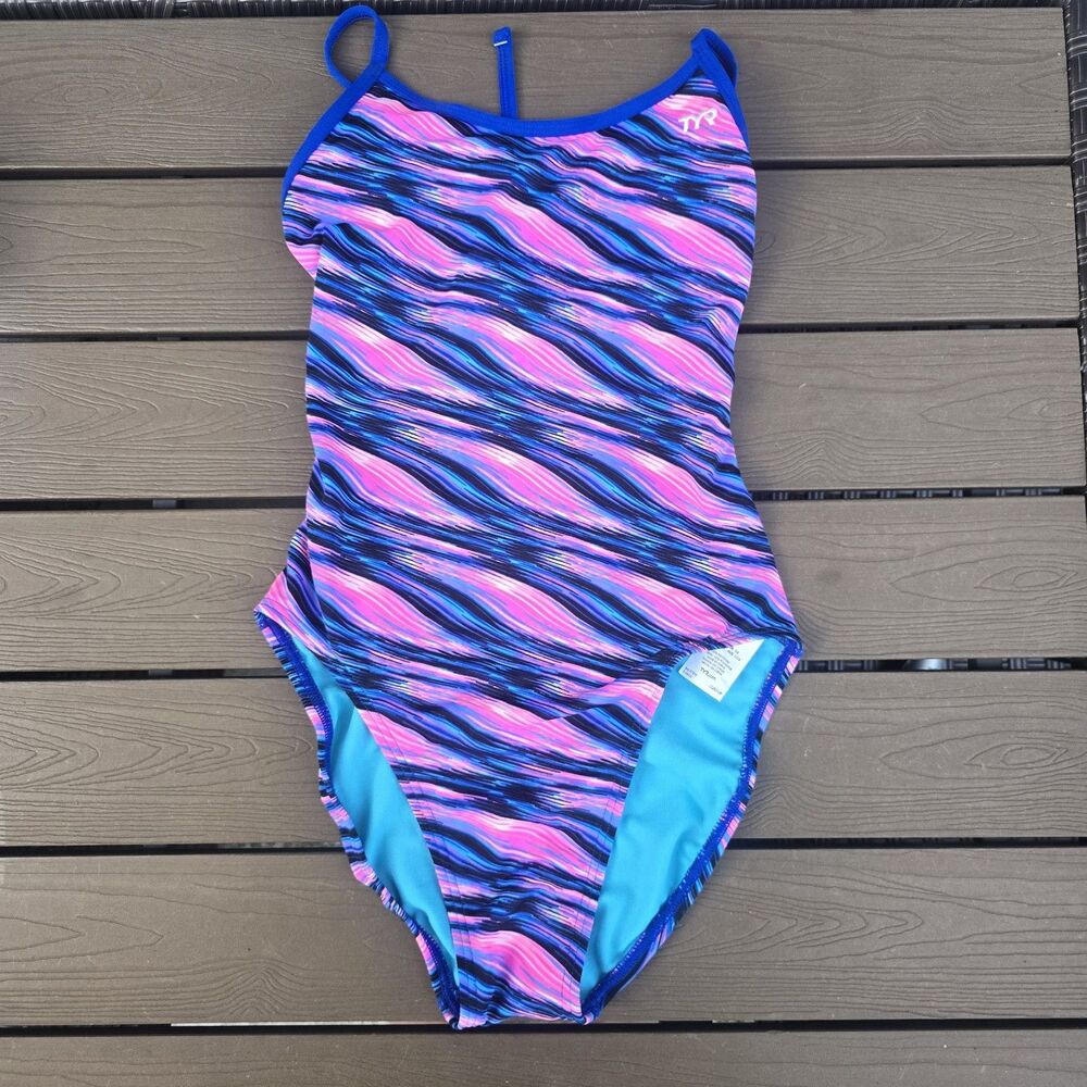 TYR Durafast Adrift Pink/Blue Crosscutfit Tieback Swimsuit Sz 30 New